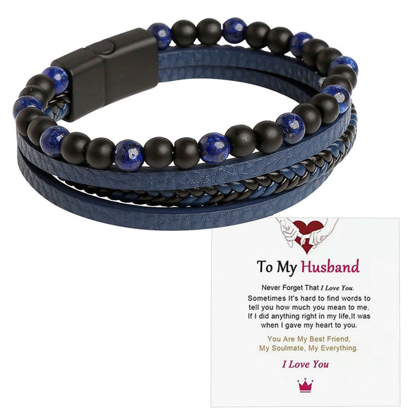 Men's Stainless Steel And Magnetic Material Handwoven Multilayer Leather Bracelet With Geometric Style