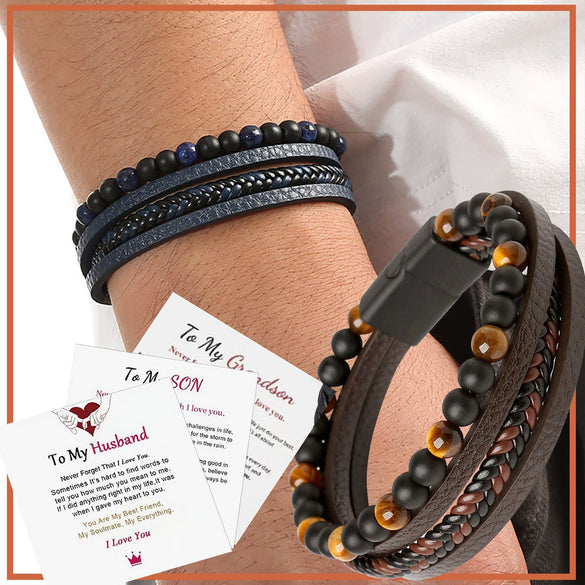 Men's Stainless Steel And Magnetic Material Handwoven Multilayer Leather Bracelet With Geometric Style