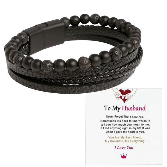 Men's Stainless Steel And Magnetic Material Handwoven Multilayer Leather Bracelet With Geometric Style