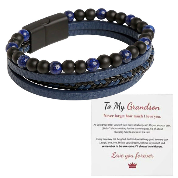 Men's Stainless Steel And Magnetic Material Handwoven Multilayer Leather Bracelet With Geometric Style