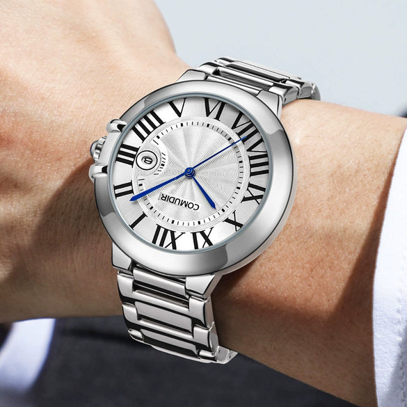 Men's Stainless Steel Automatic Waterproof Business Style Round Dial Imitation Mechanical Watch