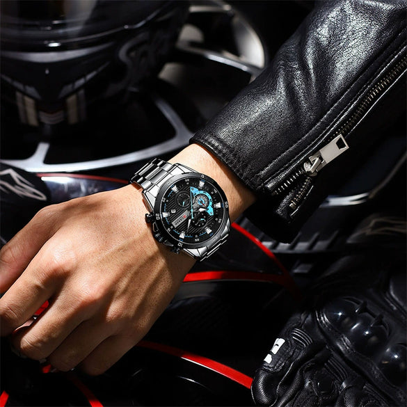 Men's Stainless Steel Band Quartz Motorcycle Disc Sixpin Leisure Watch