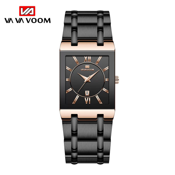 Men's Stainless Steel Band Quartz Watch Rectangular Dial Leisure Style Waterproof