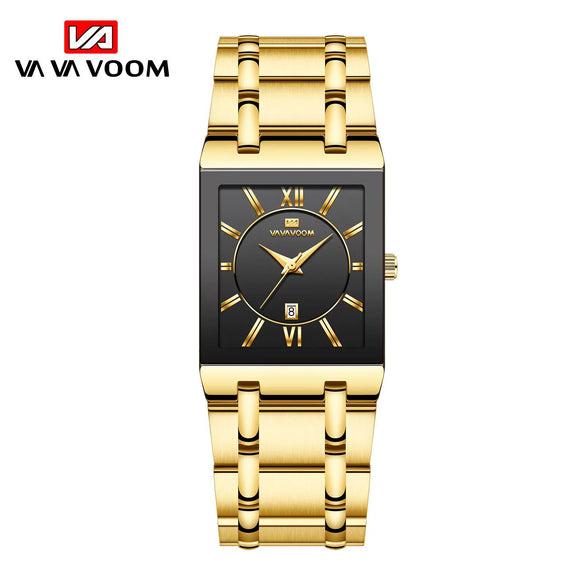 Men's Stainless Steel Band Quartz Watch Rectangular Dial Leisure Style Waterproof