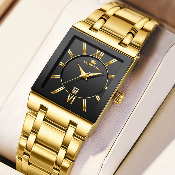 Men's Stainless Steel Band Quartz Watch Rectangular Dial Leisure Style Waterproof