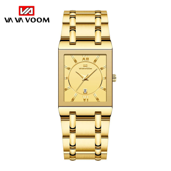 Men's Stainless Steel Band Quartz Watch Rectangular Dial Leisure Style Waterproof