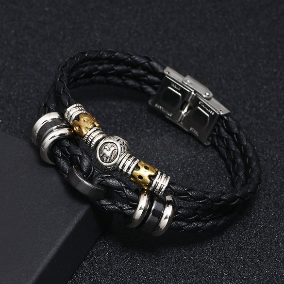 Men's Stainless Steel Buckle Cowhide Rope Woven Twelve Constellation Handmade Bracelet