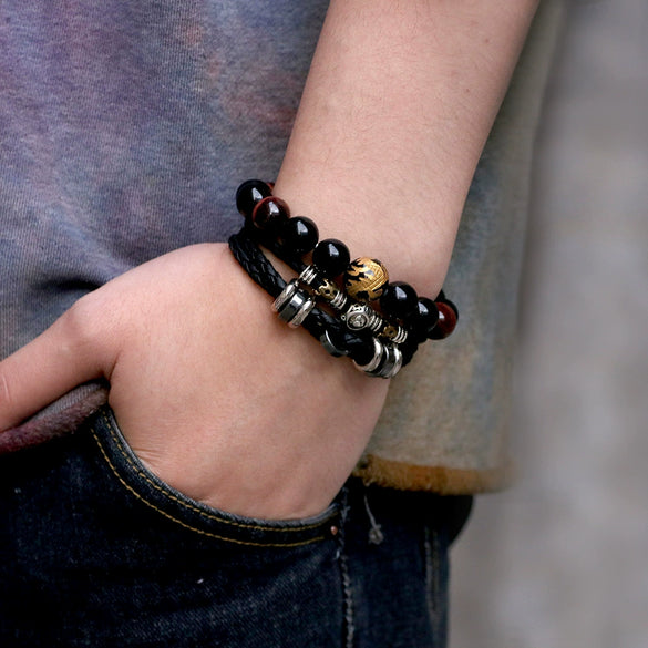 Men's Stainless Steel Buckle Cowhide Rope Woven Twelve Constellation Handmade Bracelet