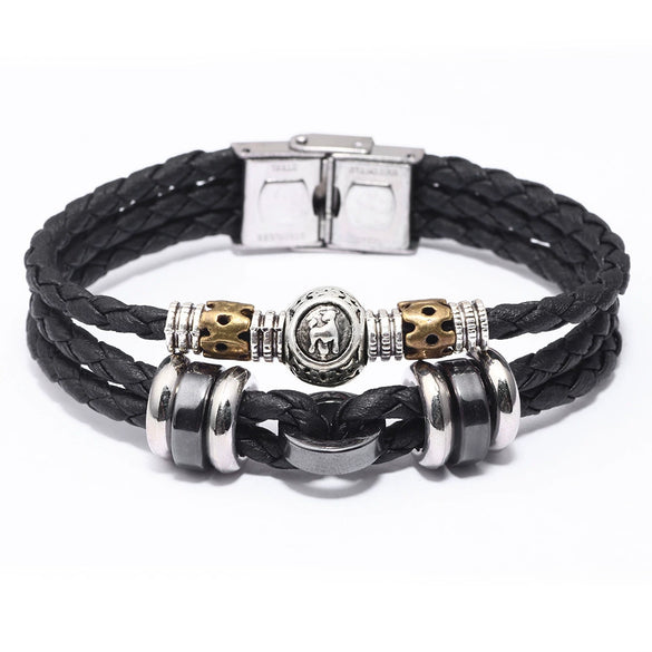 Men's Stainless Steel Buckle Cowhide Rope Woven Twelve Constellation Handmade Bracelet