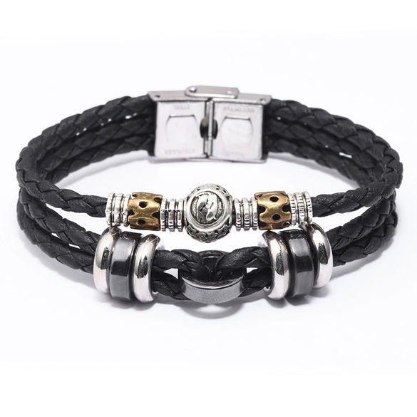 Men's Stainless Steel Buckle Cowhide Rope Woven Twelve Constellation Handmade Bracelet
