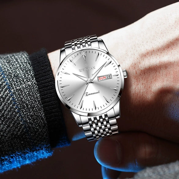 Men's Stainless Steel Business Quartz Watch Full Automatic Double Calendar Luminous Waterproof Round Dial