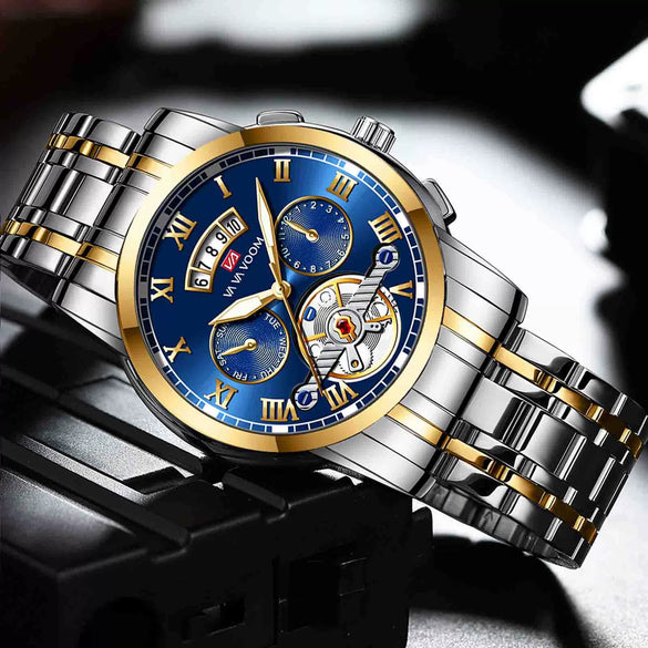 Men's Stainless Steel Business Round Dial Waterproof Quartz And Tourbillon Watch
