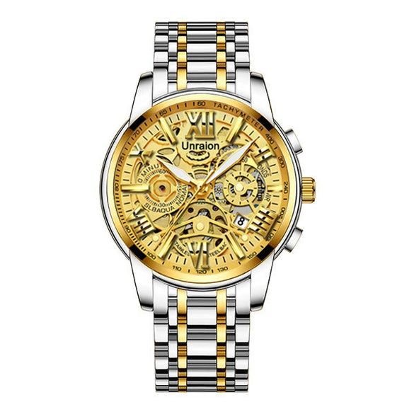 Men's Stainless Steel Business Round Quartz Automatic Watch With Luminous Calendar Waterproof And Hollow Design