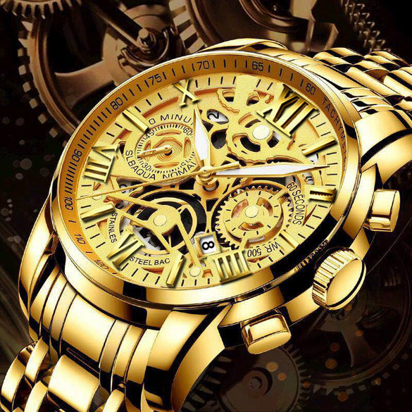 Men's Stainless Steel Business Round Quartz Automatic Watch With Luminous Calendar Waterproof And Hollow Design