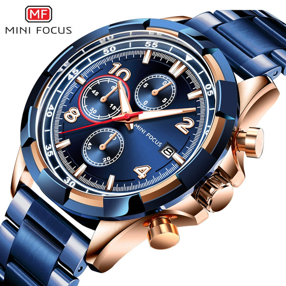 Men's Stainless Steel Casual Quartz Watch Round Dial Waterproof Mineral Reinforced Glass Mirror Bilateral Button Buckle