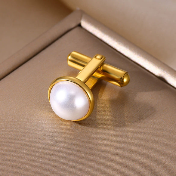 Men's Stainless Steel Cufflinks With Imitation Pearl And Golden Electroplating Letter Pattern