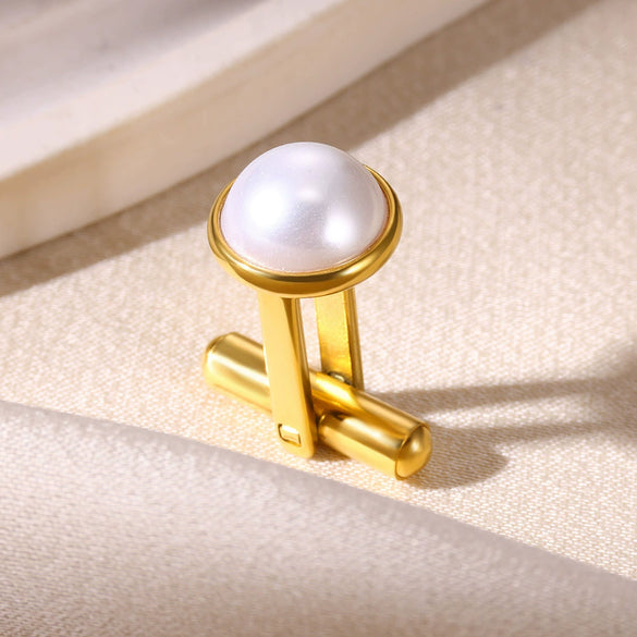 Men's Stainless Steel Cufflinks With Imitation Pearl And Golden Electroplating Letter Pattern
