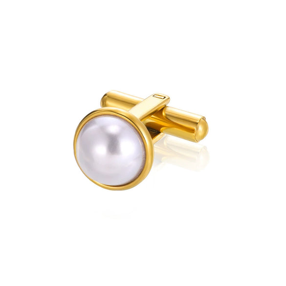 Men's Stainless Steel Cufflinks With Imitation Pearl And Golden Electroplating Letter Pattern