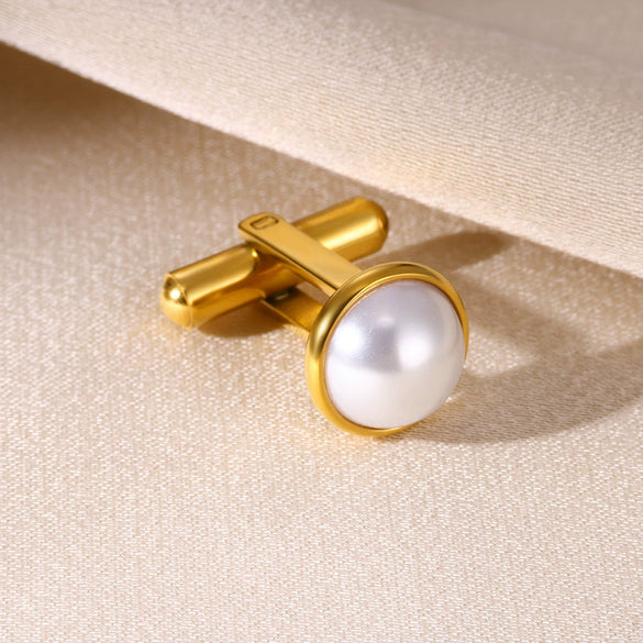 Men's Stainless Steel Cufflinks With Imitation Pearl And Golden Electroplating Letter Pattern