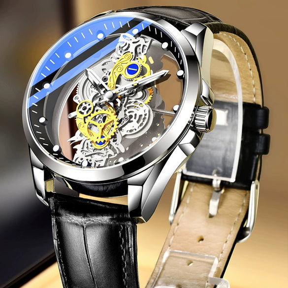 Men's Stainless Steel Doublesided Transparent Hollow Automatic Waterproof Luminous Quartz Watch With Round Dial