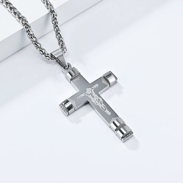 Men's Stainless Steel Geometric Cross Pendant Necklace With Polished Finish Trendy Personal Style Jewelry Gift