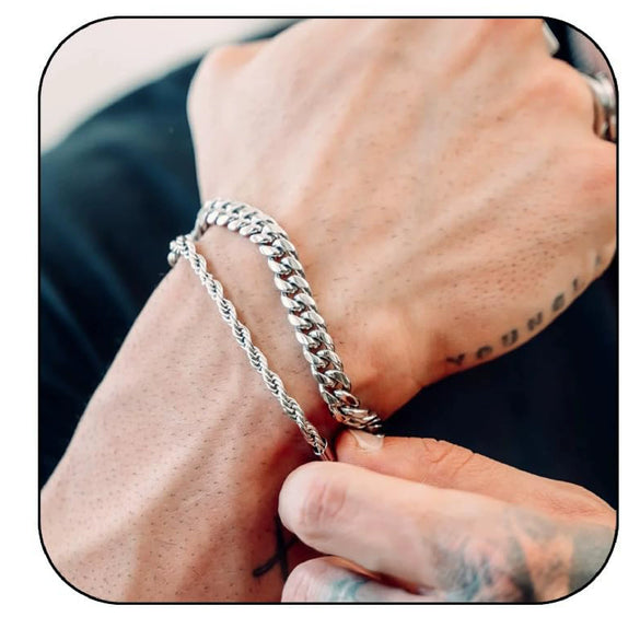 Men's Stainless Steel Geometric Cuban Chain Bracelet Set Electroplated Silver Tone Stacked Punk Fashion Accessories