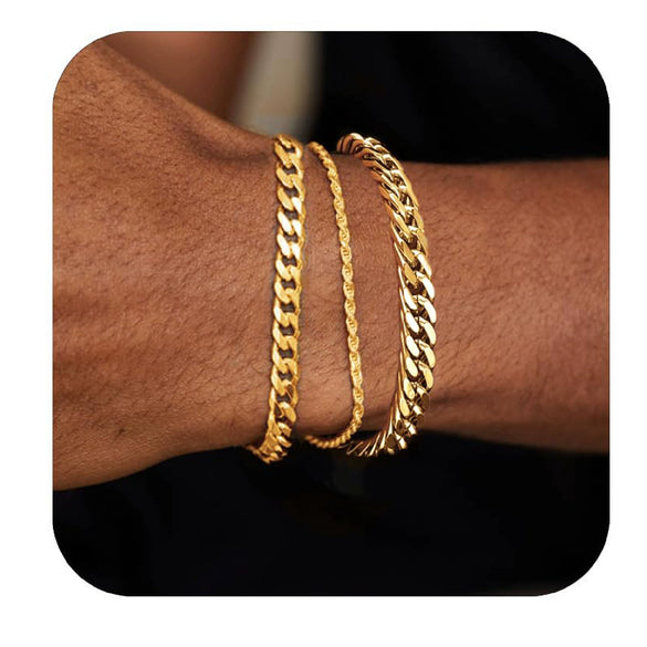Men's Stainless Steel Geometric Cuban Chain Bracelet Set Electroplated Silver Tone Stacked Punk Fashion Accessories