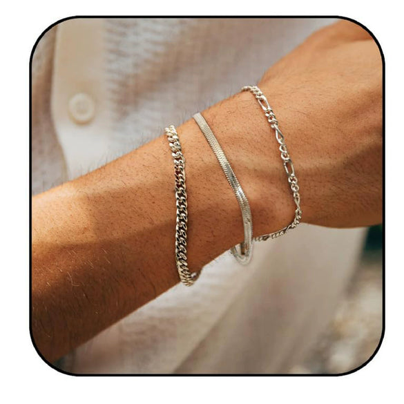 Men's Stainless Steel Geometric Cuban Chain Bracelet Set Electroplated Silver Tone Stacked Punk Fashion Accessories