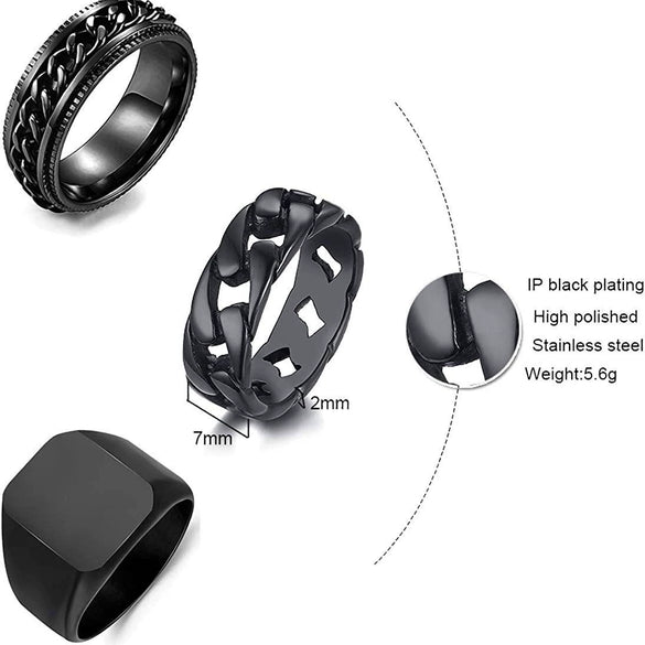 Men's Stainless Steel Geometric Threepiece Jewelry Set With Electroplating Seal Ring Decompression Chain Ring And Turning Ring In Black