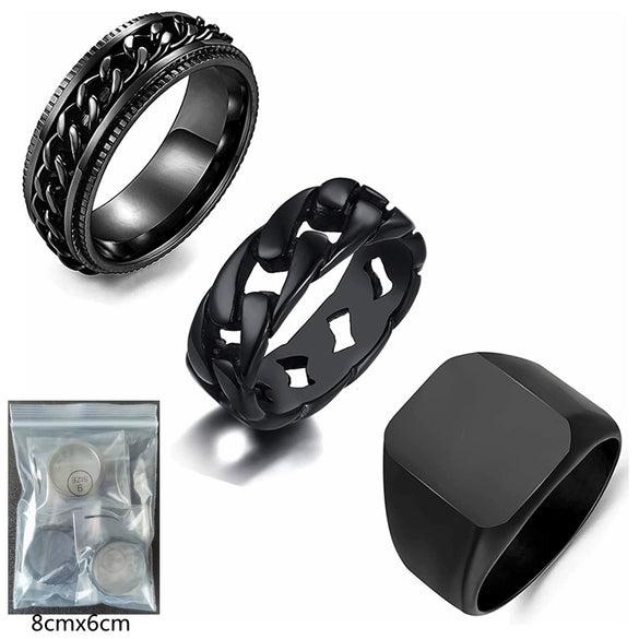 Men's Stainless Steel Geometric Threepiece Jewelry Set With Electroplating Seal Ring Decompression Chain Ring And Turning Ring In Black