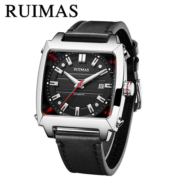 Men's Stainless Steel Leather Mechanical Casual Watch With Rectangular Dial And Sapphire Crystal Glass Mirror