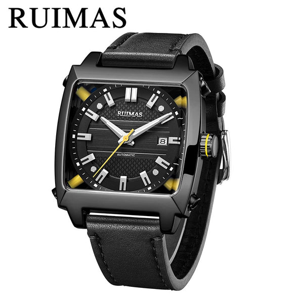 Men's Stainless Steel Leather Mechanical Casual Watch With Rectangular Dial And Sapphire Crystal Glass Mirror