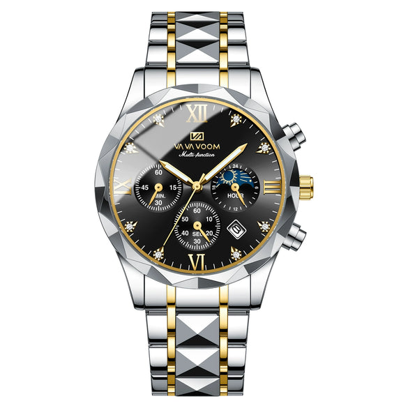Men's Stainless Steel Metal Watch Waterproof Business Style With Three Dimensional Diamond Face And Round Dial