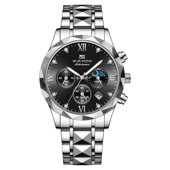 Men's Stainless Steel Metal Watch Waterproof Business Style With Three Dimensional Diamond Face And Round Dial