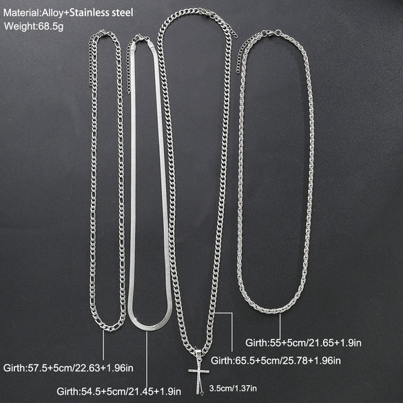Men's Stainless Steel Multilayer Cuban Chain Cross Necklace With Geometric Pendant And Electroplated Finish