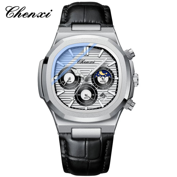 Men's Stainless Steel Octagonal Business Quartz Watch With Calendar Moon Phase Chronograph Function