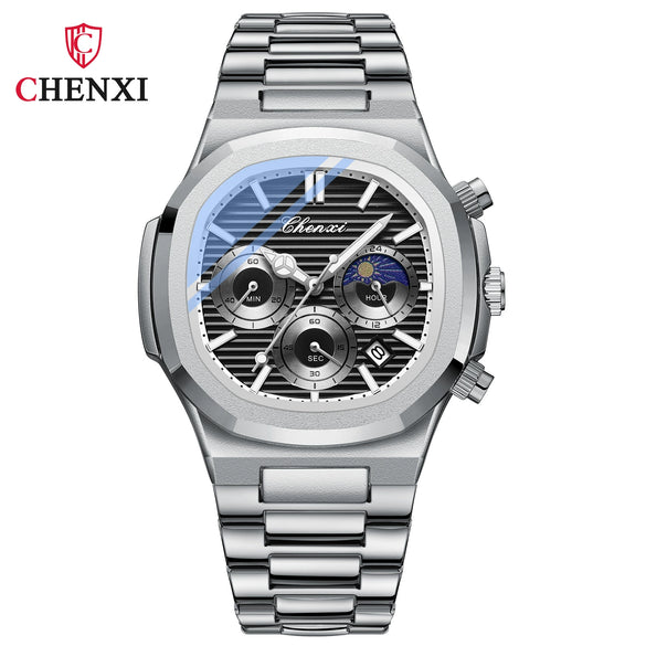 Men's Stainless Steel Octagonal Business Quartz Watch With Calendar Moon Phase Chronograph Function