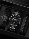 Men's Stainless Steel Quartz Watch Bracelet Set Fashion Round Dial With Printed Logo And Horseshoe Buckle