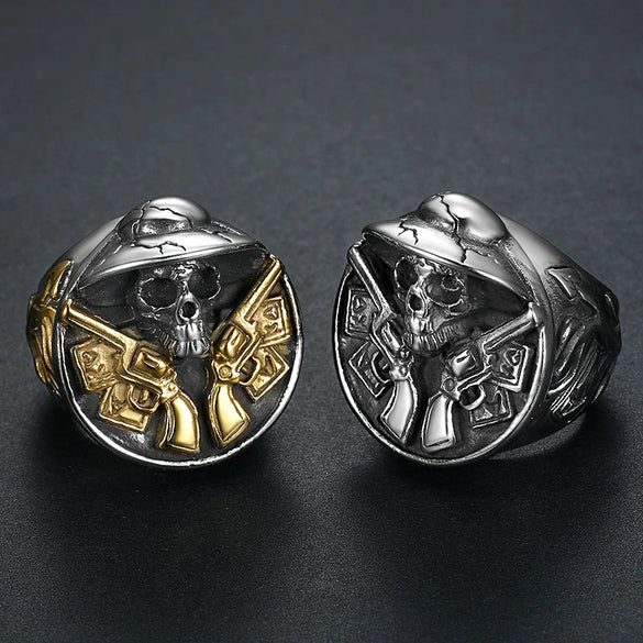 Men's Stainless Steel Retro Skull Ring With Double Gun Pattern And Electroplating