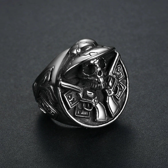 Men's Stainless Steel Retro Skull Ring With Double Gun Pattern And Electroplating