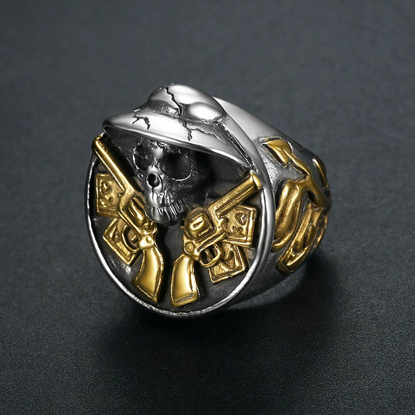Men's Stainless Steel Retro Skull Ring With Double Gun Pattern And Electroplating