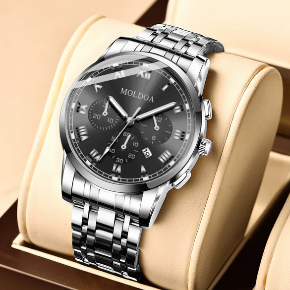 Men's Stainless Steel Waterproof Calendar Luminous Round Watch Fashion
