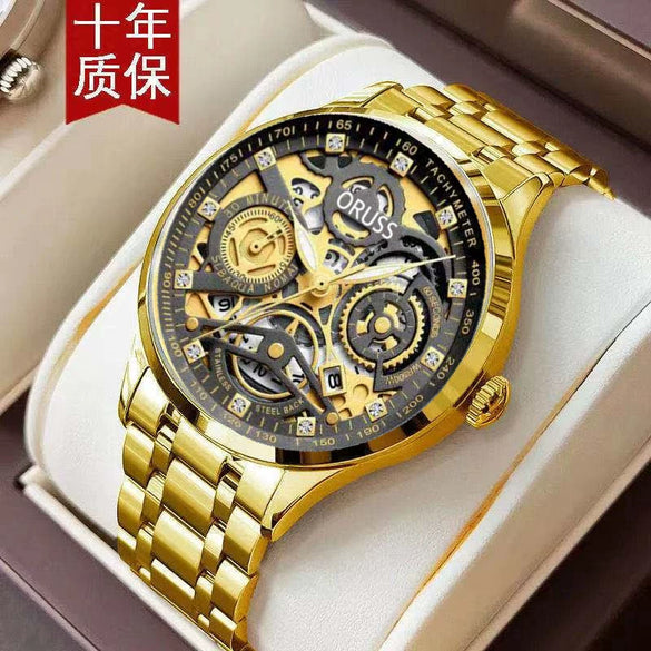 Men's Steel Watch Quartz Movement Waterproof Luminous Hollow Round Dial
