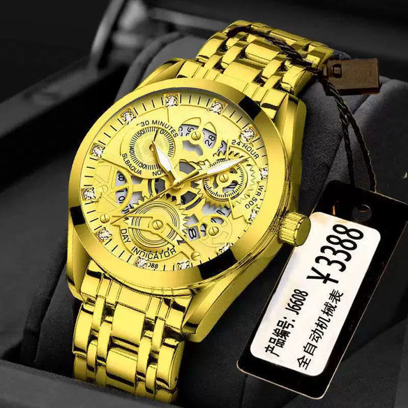 Men's Steel Watch Quartz Movement Waterproof Luminous Hollow Round Dial