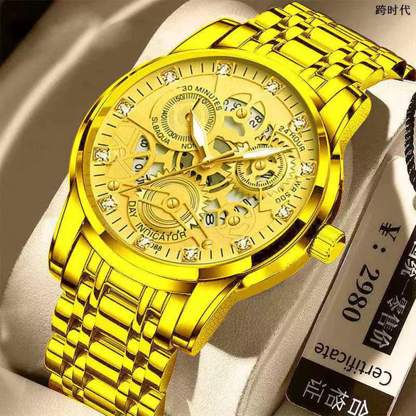 Men's Steel Watch Quartz Movement Waterproof Luminous Hollow Round Dial