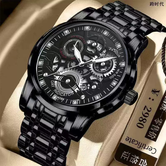 Men's Steel Watch Quartz Movement Waterproof Luminous Hollow Round Dial