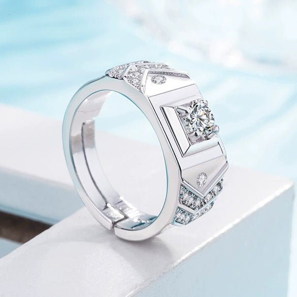 Men's Sterling Silver Adjustable Geometric Ring With Inlaid Zircon Simple Classic Electroplated Jewelry