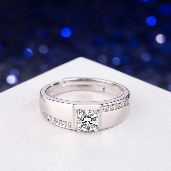 Men's 925 Sterling Silver Geometric Adjustable Ring With Electroplated Finish And Simulated Diamond Luxury Fashion Jewelry