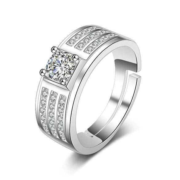 Men's Sterling Silver Geometric Ring With Simulated Diamond Electroplated Adjustable Statement Jewelry