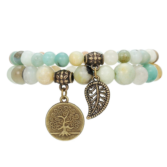 Men's Stone Alloy Geometric Handmade Beaded Bracelet With Life Tree Leaf Pendant